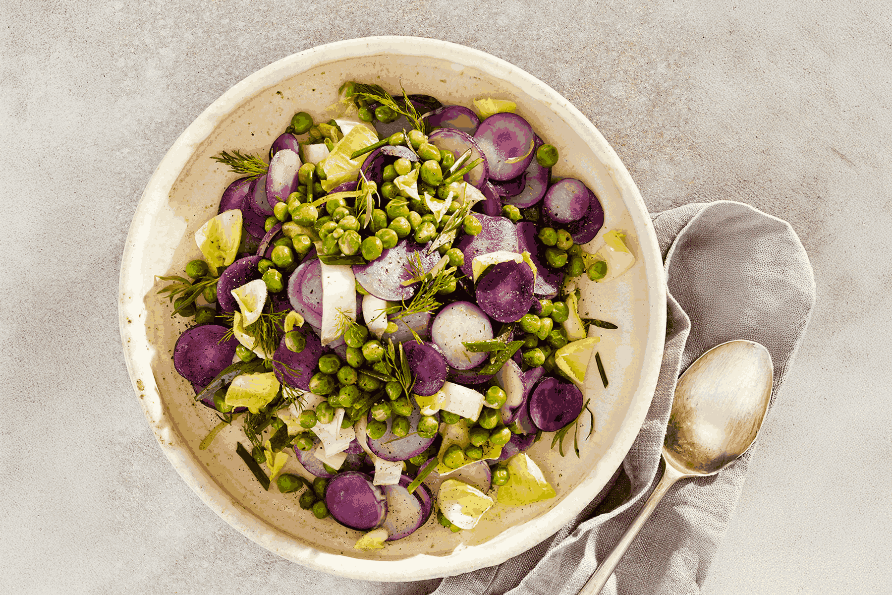 Purple potato salad in a bowl